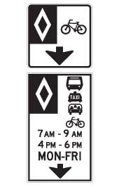 These signs mean lanes are only for specific types of vehicles, either all the time or during certain hours. Different symbols are used for the different types of vehicles. They include: buses, taxis, vehicles with three or more people and bicycles.