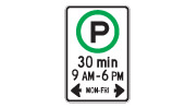 You may park in the area between the signs during the times posted. (Used in pairs or groups.)