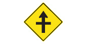 Intersection ahead. The arrow shows which direction of traffic has the right-of-way