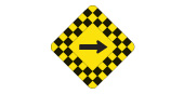 Sharp turn or bend in the road in the direction of the arrow. The checkerboard border warns of danger. Slow down; be careful